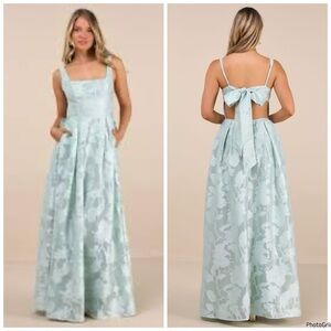 Lulu's Light Mint Floral Jacquard Maxi Dress with Back Bow